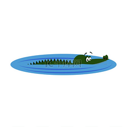 可爱的卡通鳄鱼在自然位置游泳在