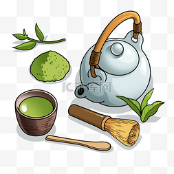 清新绿色茶叶矢量图片_抹茶茶具插画风格绿色