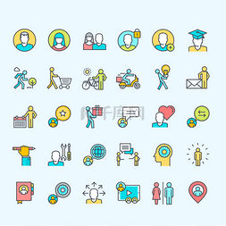 体育图片_Set of line color people icons