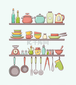 cup图片_Cute colorful hand drawn kitchen shelves