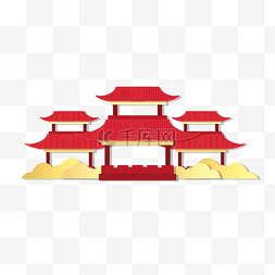 房子中式图片_红金浮雕剪纸风古建筑寺庙地标