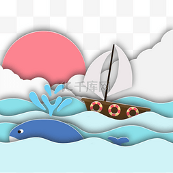 蓝色插画大海背景图片_剪纸风格海洋帆船航行鲸鱼