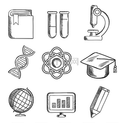 华表素描图片_教育和科学素描图标与地球仪、dna