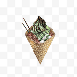 华夫冰淇淋图片_水彩夏季抹茶华夫筒冰淇淋