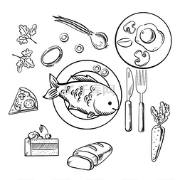 丸子素描图片_新鲜的晚餐食物，上面有素描矢量