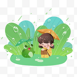 下雨天和青蛙一起玩耍的小朋友
