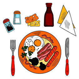 刀叉图片_传统早餐彩色素描图标，包括煎蛋