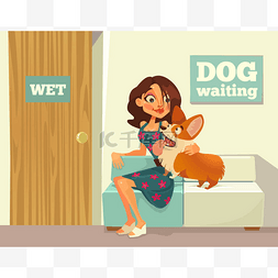 临床兽医图片_女老板与狗性格坐，等湿的医生。