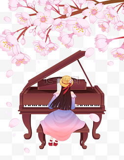 樱花季图片_春天樱花少女弹钢琴
