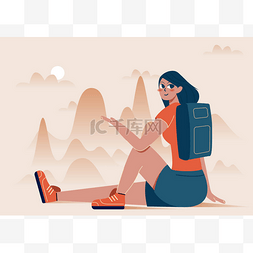 观光旅游的姑娘在山上观望.年轻