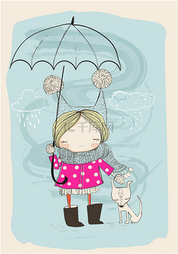 卡通女孩与狗图片_可爱的女孩，与狗和伞