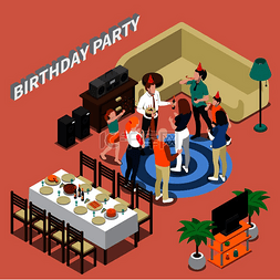 生日派对人图片_生日派对等距构图与宴会桌人们的