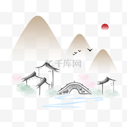 山水素材图片_中式古风小桥流水山水图