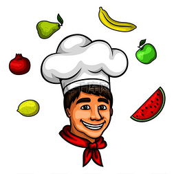 新鲜的苹果图片_迷人的年轻厨师卡通人物，头戴白