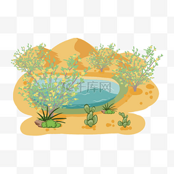 沙漠风格素材图片_野生沙漠中的灌木植物卡通绿洲