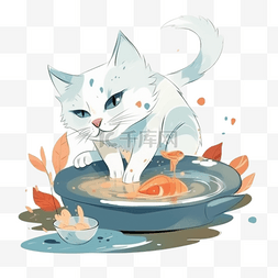 卡通猫吃鱼图片_扁平卡通插画装饰素材猫吃鱼2