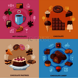 巧克力平面概念与可可豆、糕点、