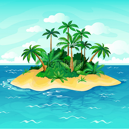 无人及你图片_海洋岛卡通。棕榈树海无人居住的