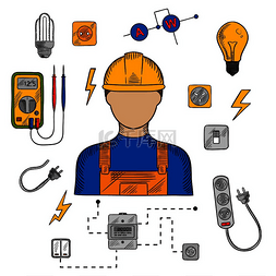 电工行业图标与带黄色安全帽的电
