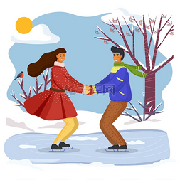 年轻的夫妇图片_夫妇在冬天一起滑冰手牵着手看着
