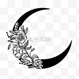 黑白线条月亮花卉剪贴画