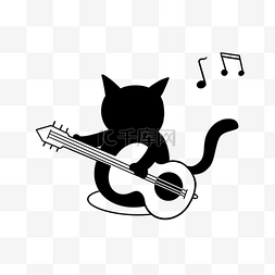 吉他创意图片_弹吉他的音乐黑白猫