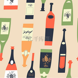创意软木塞桌子图片_葡萄酒不同酒瓶的无缝模式。