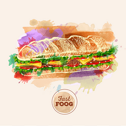cheese图片_Watercolor Hamburger or Sandwich. Fast Food s