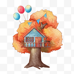 树屋和气球水彩