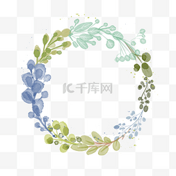 热带花环图片_夏季蓝绿色水彩花环植物枝条