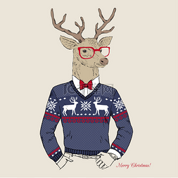 贺卡圣诞快乐图片_鹿时髦提花毛衣，快乐圣诞贺卡