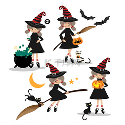 矢量魔法棒图片_万圣节小女巫收集年轻女巫与扫帚