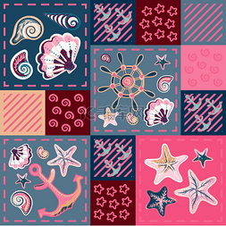 毯子手绘图片_Nautical marine patchwork seamless pattern wi