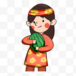 越南春节抱着西瓜的可爱女孩