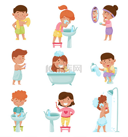 儿童角色图片_使用洗浴及刷牙向量图集的儿童角