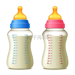 青年AI矢量插图图片_逼真的婴儿奶瓶套装，由两个独立