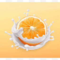 乳白色立体图片_橙色水果和牛奶飞溅.