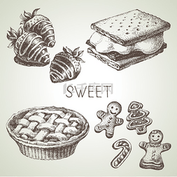 美食小甜点手绘图片_手绘甜点套装矢量黑白复古插图
