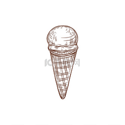 华夫饼蛋筒冰淇淋独立单色草图矢