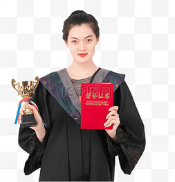 毕业季女生博士服拿奖杯毕业证书