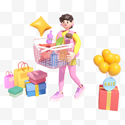 购物大减价图片_购物女孩3D彩色电商角色人物