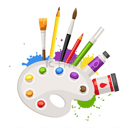 学校材料图片_背景与画家工具和材料。