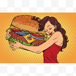 多肉手绘图片_美丽的年轻女子拥抱汉堡