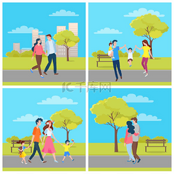 抱着妈妈的孩子图片_家庭和情侣在城市公园休闲，男女
