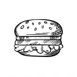 素描汉堡包图片_汉堡包的黑白素描，芝麻面包上有