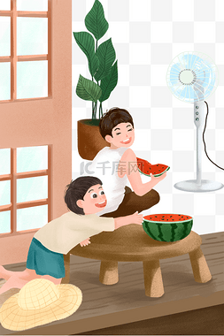 小暑24节气父子悠闲吃西瓜