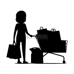 购物女性图片_女性剪影站在装满包裹的购物车附