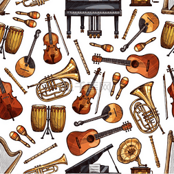 乐器无缝图案背景矢量素描钢琴民