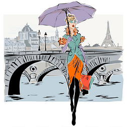 城市素描城市建筑图片_时装模特在素描风格秋冬巴黎市背