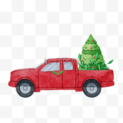 圣诞卡车和圣诞树装饰水彩